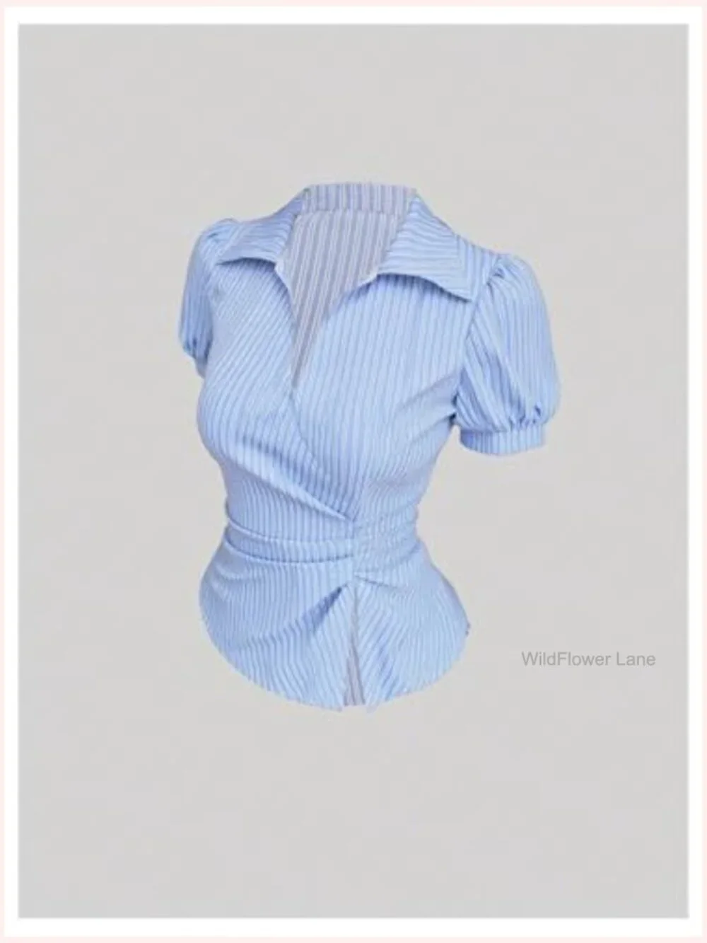 Striped Puff Sleeve Wrap Blouse Pleated Tied Waist Work Top